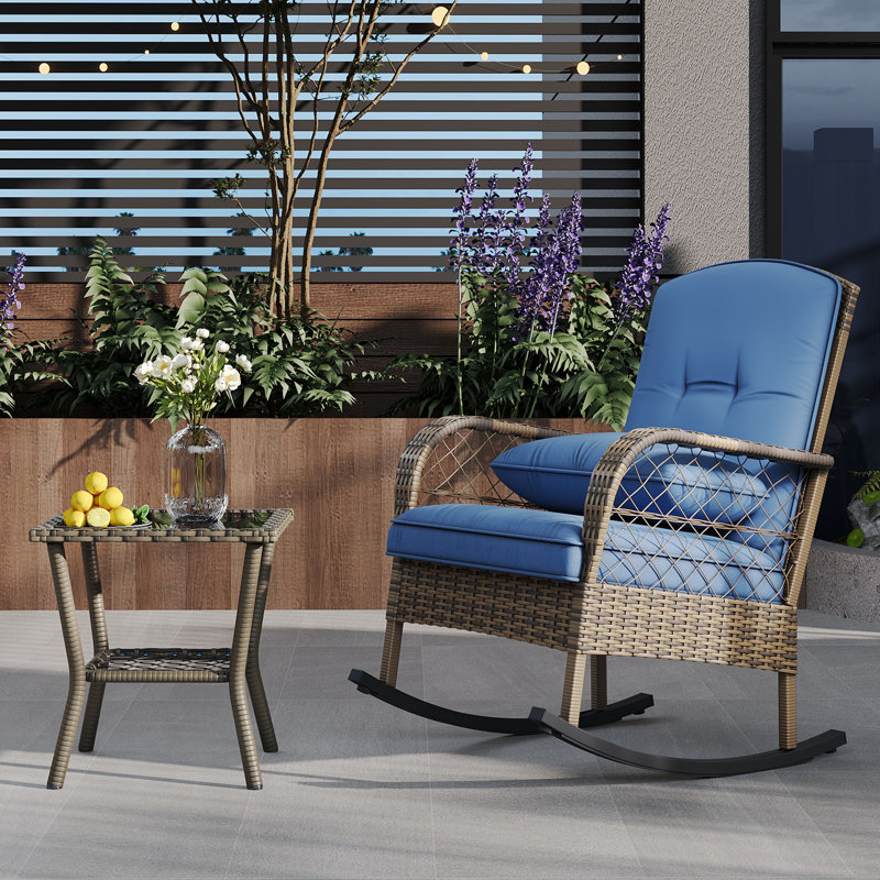 Outdoor Wicker Rocking Chair, Patio Rattan Rocker Chair with Cushions & Steel Frame, All-Weather Rocking Lawn Wicker  for Garden/Backyard,Blue