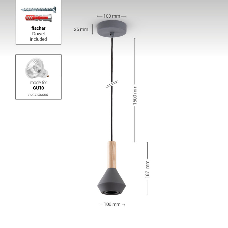 Bagan 1-Light Geometric Pendant, Grey/Natural, 18.7cm H x 10cm W x 10cm D