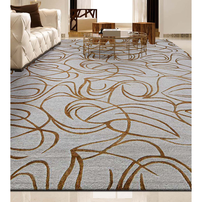 Hand Knotted Linen Abstract Area Rug in White/Beige, Rectangle 6' x 9'