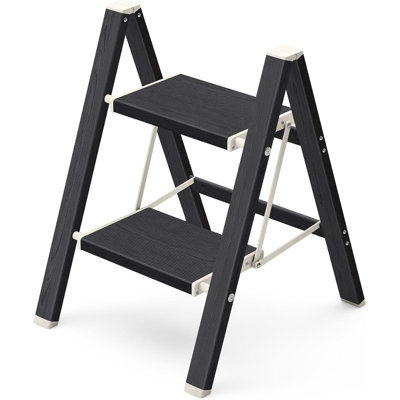 2 Step Stool Foldable, Aluminum, Lightweight Step Ladder,Ebony Woodgrain