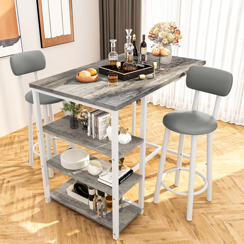 Bar Table Set For 2, 3 Piece Bar Table Set, Bar Table And Chairs Set With PU Upholstery Stool And 3 Open Storage Shelves, Pub Table Set For Small Space And Kitchen, Black