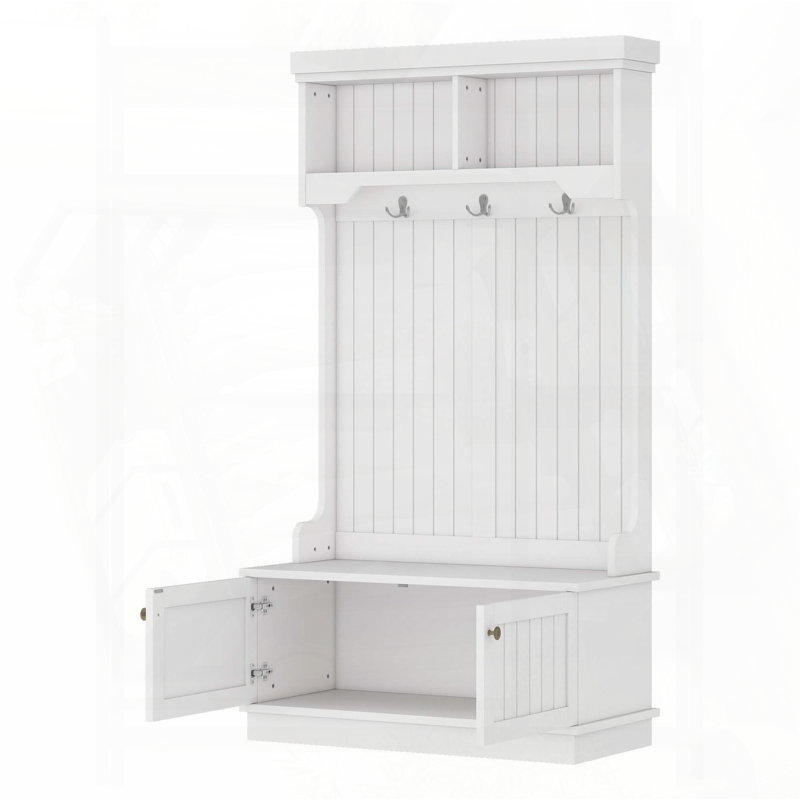 Hall Tree with Storage Shoe Bench and Display Shelves (White), White