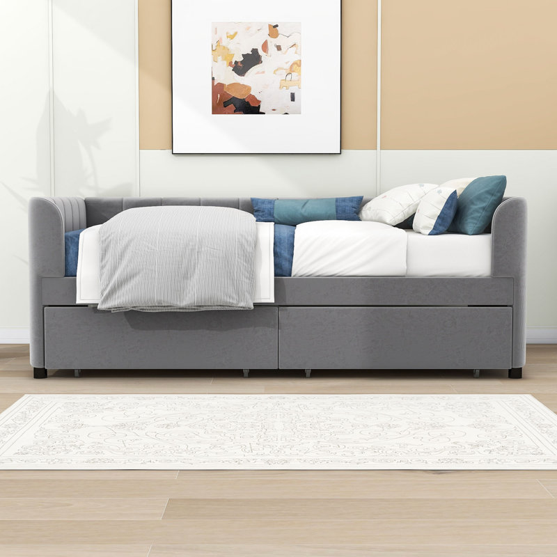 Copelyn Twin Size Velvet Upholstered Daybed with 2 Drawers, Gray