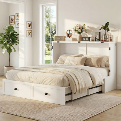 Lit-armoire escamotable blanc avec station de charge USB intégrée et tiroirs de rangement