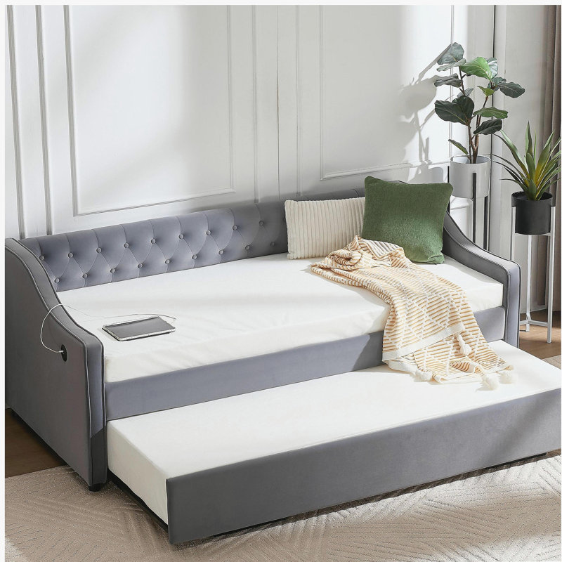 Twin Size Upholstered Daybed with Trundle,USB Port ,Side Pockets,Velvet Daybed with Button on Back and Piping on Waved Shape Arms for Bedroom Guest Room