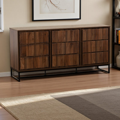Torian 3-Door Sideboard Buffet with Walnut Wood and Black Metal, 29.25" H X 58.86" W X 15.5" D