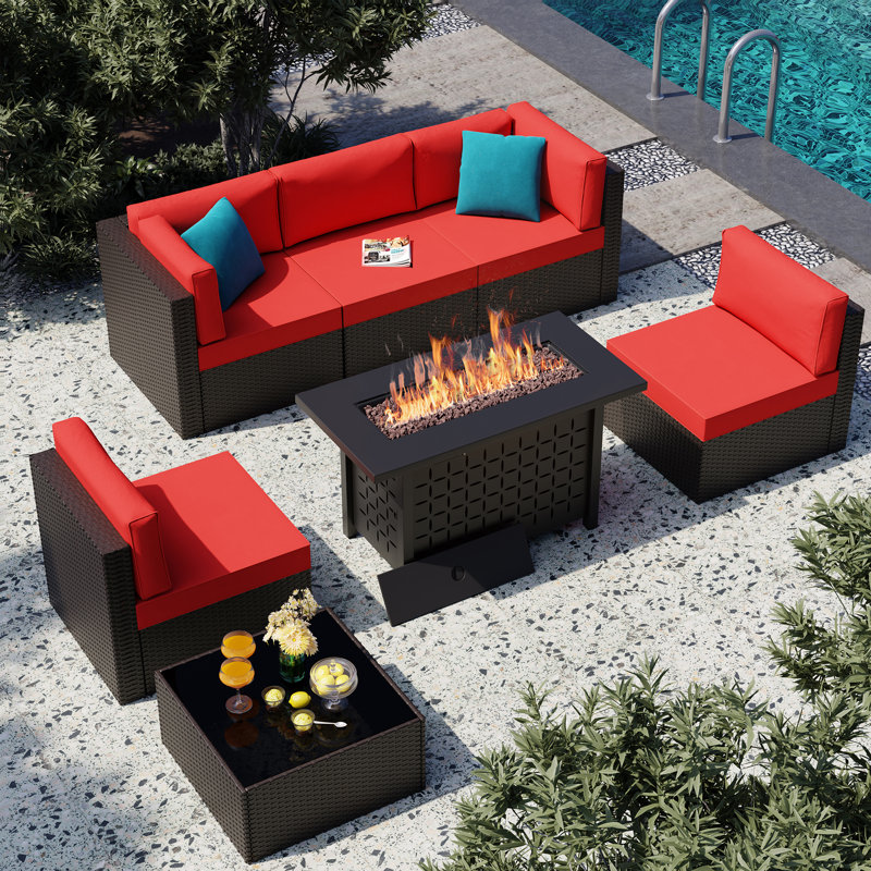 7-Piece Outdoor Rattan Patio Set with Fire Pit Table, Red