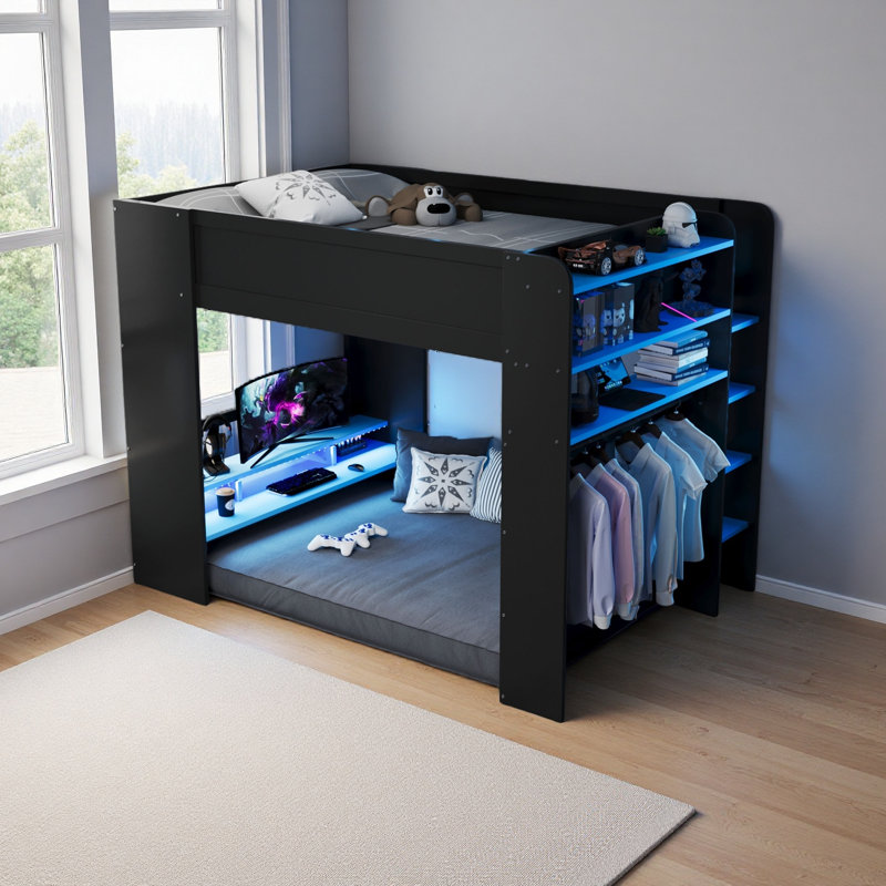 Lit superposé double en bois pleine grandeur avec bureau à hauteur réglable, garde-robe, grand espace de rangement et lumière RVB