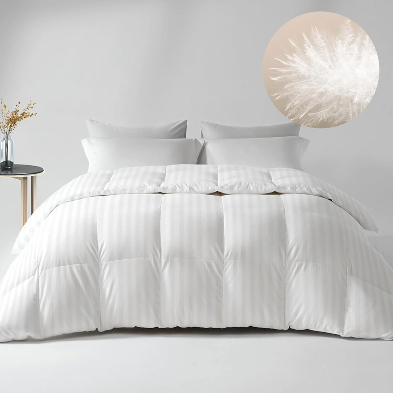 Édredon en duvet et plumes avec housse de couette de qualité, chaleur moyenne et pouvoir de bourrage élevé, housse rayée en mélange de coton avec 8 languettes d'angle
