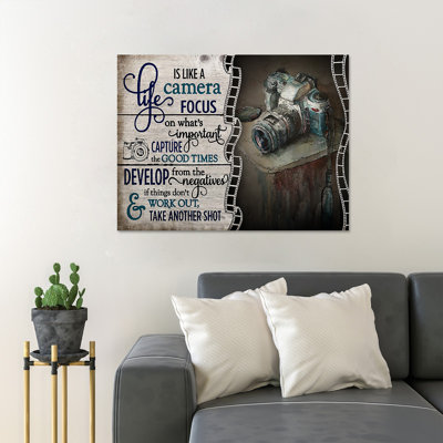 Old Camera With Quotes - Life Is Like A Camera - 1 Piece Rectangle Graphic Art Print On Wrapped Canvas