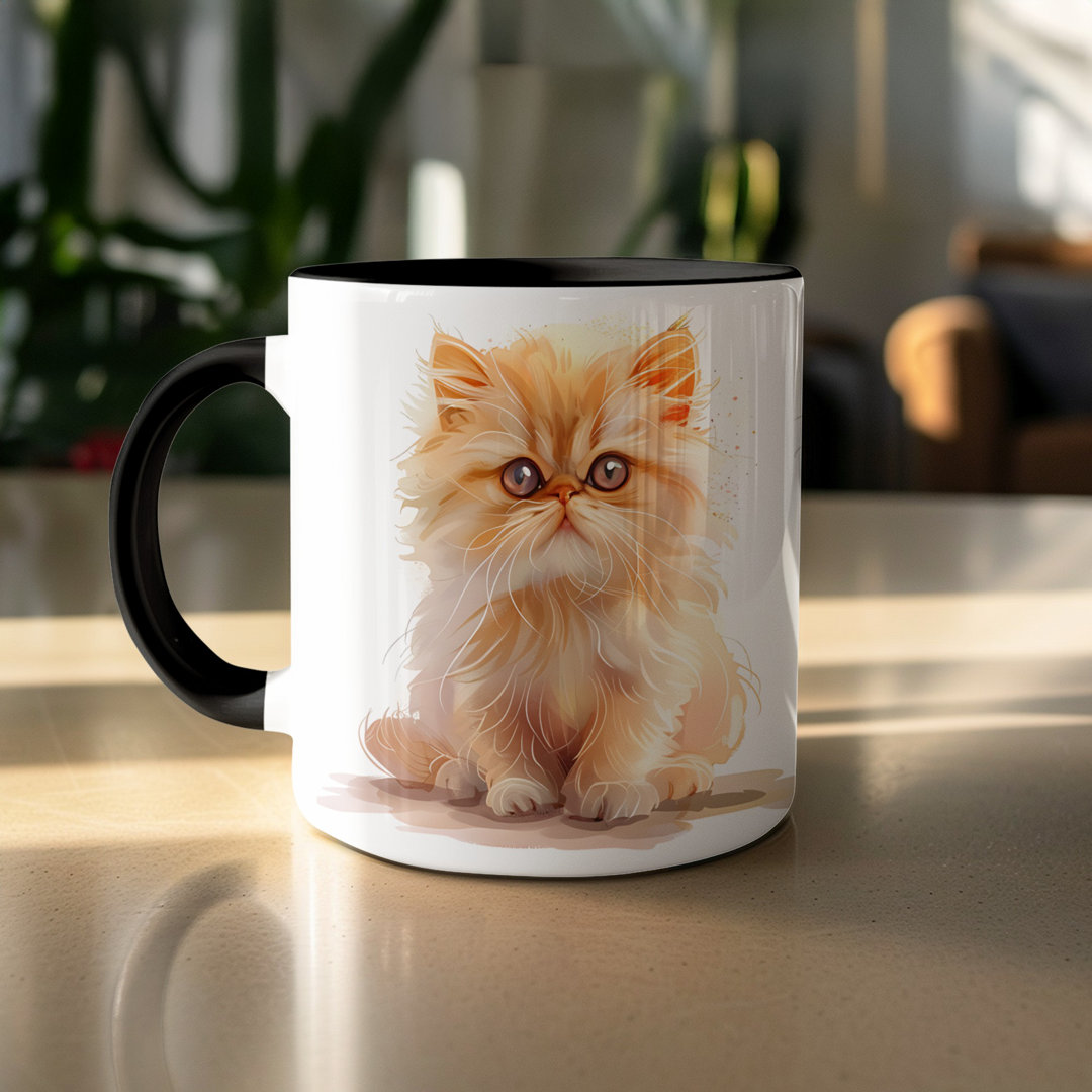 Set of 3 – Cat Design 11oz Accent Mug – White Ceramic Coffee Cup with Colored Handle and Interior