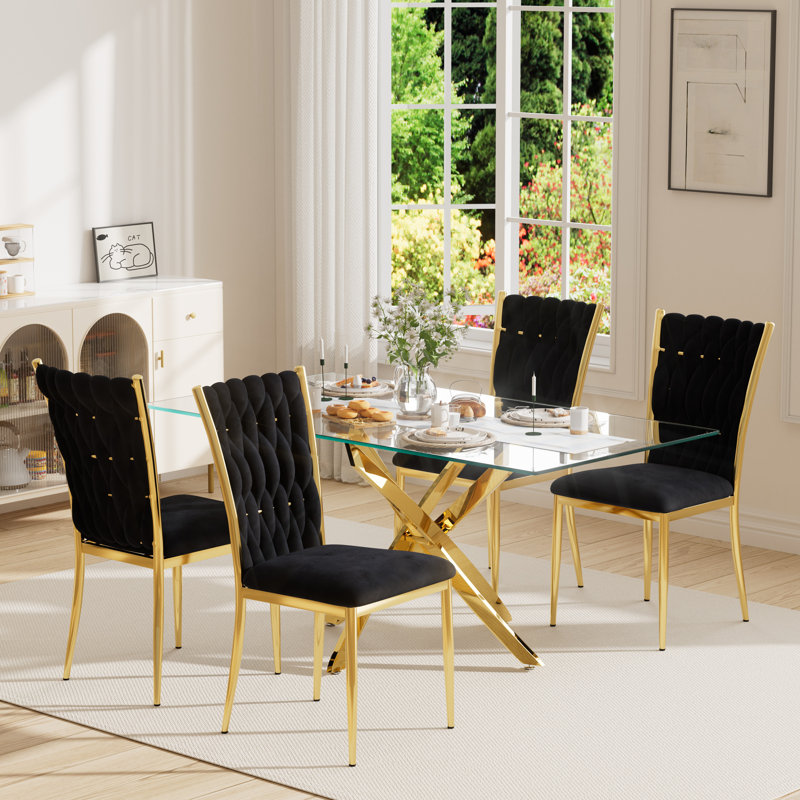 63" Rectangular Tempered Glass Table set, 5, Black/Gold
