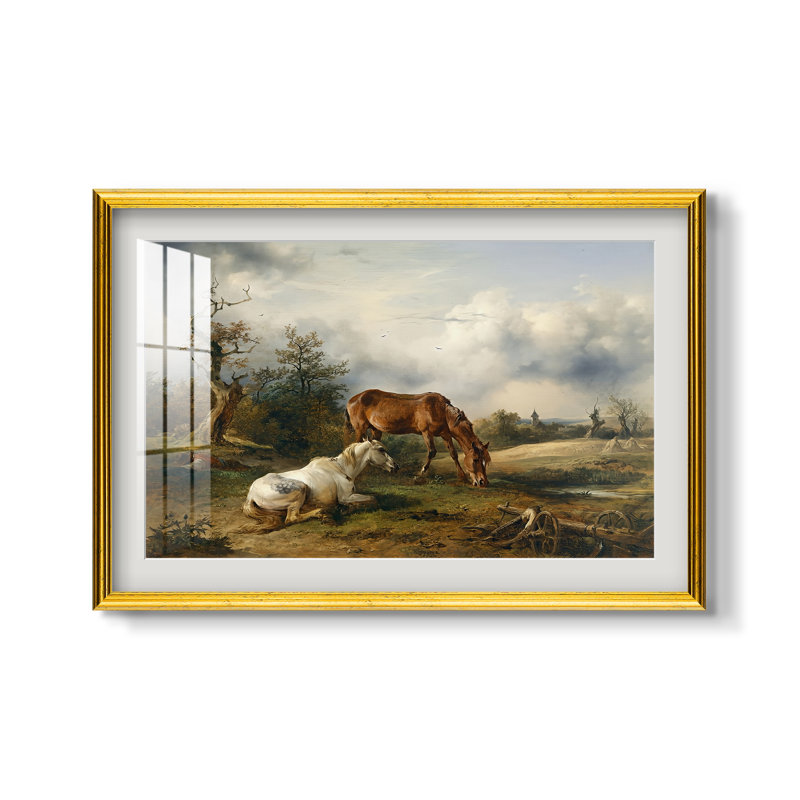Deux chevaux au pré, vers 1825 - Friedrich Gauermann - Estampe encadrée sur mesure, Format intérieur 20 po x 28 po
