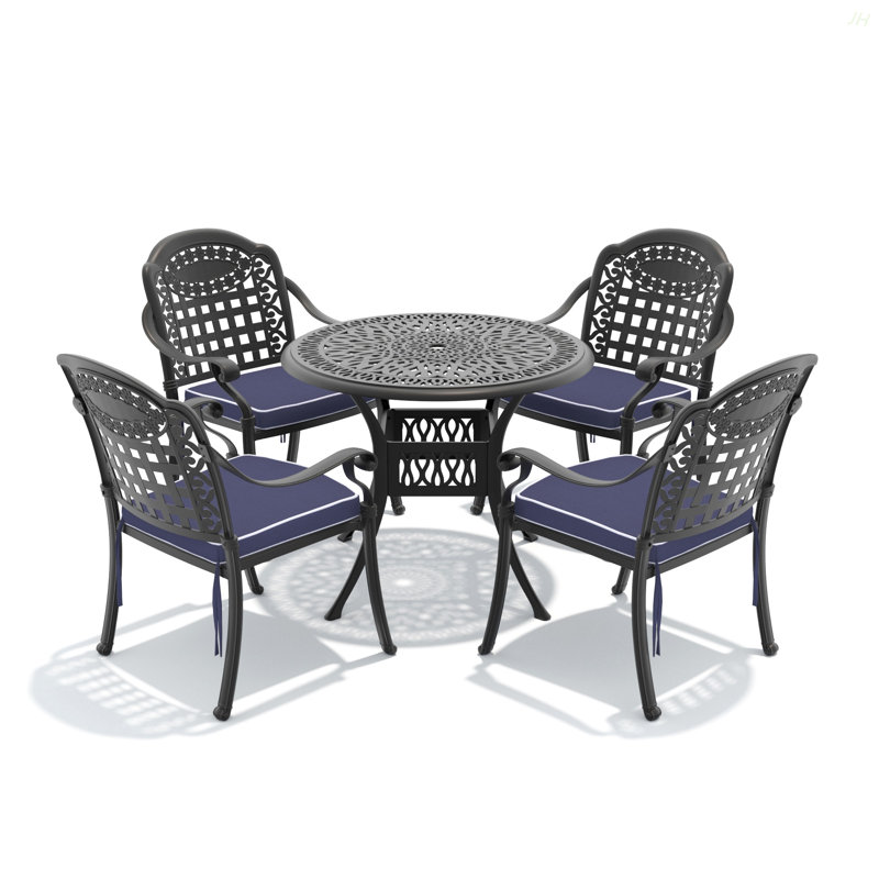 Ensemble de 5 meubles de patio en aluminium coulé avec cadre noir et coussins de siège bleus