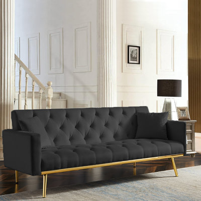 73'' Velvet Convertible Futon Sofa Bed with Golden Metal Legs with 2 pillows