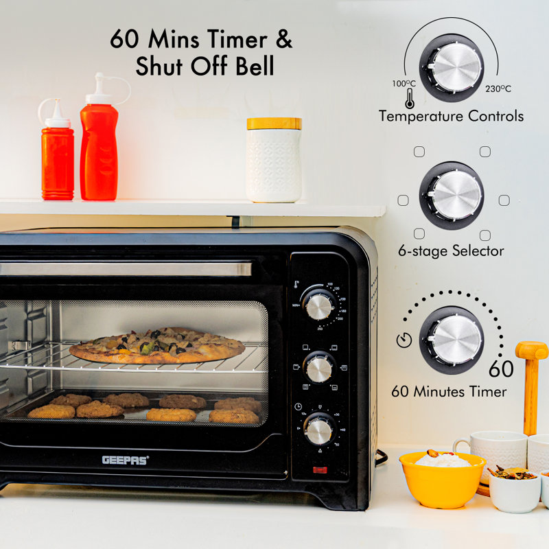 GEEPAS Mini Oven & Grill Rotisserie Baking Roasting & Grilling 1600W Temp Control 100–230°C Double Glass Door 60min Timer Auto Shut Off Bell