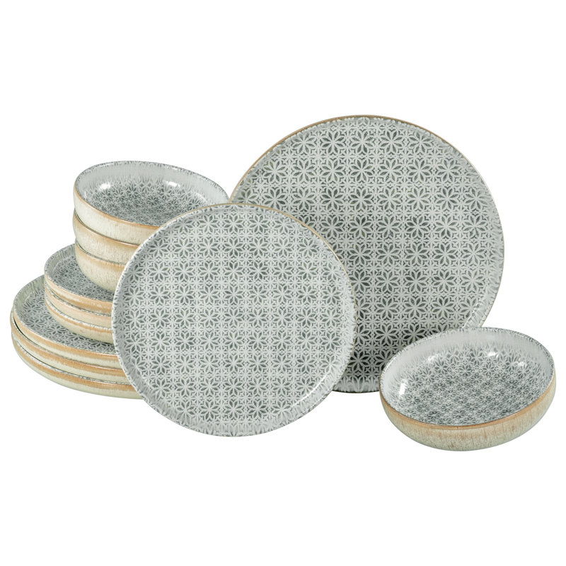 Uno Piece Stoneware Dinnerware Set - Service for 4, Dark Grey/Beige/Ivory