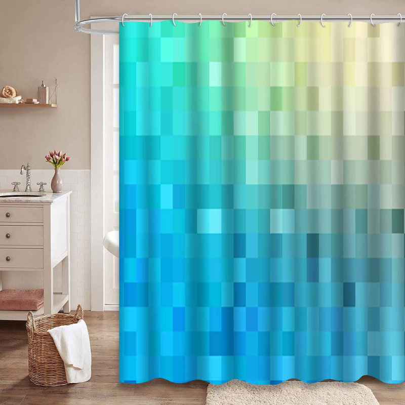 Rideau de douche géométrique moderne vert clair à 12 crochets, L 72 po x l 84 po