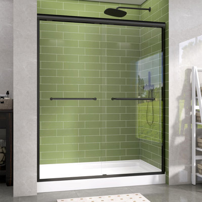 Porte de douche sans cadre Hopehub, 56 à 60 po X P 72 po H Double porte de douche coulissante en verre pour salle de bain avec verre trempé clair de 1/4 po (6 mm) de large épaisseur, poignée en acier inoxydable, noir mat