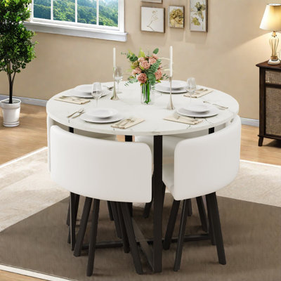 Space-saving Marble Dining Table Sets, White Faux Marble, Modern Style For Small Spaces
