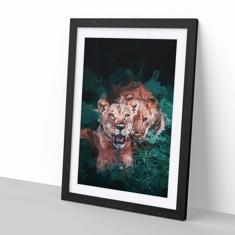 Lioness Duo in Abstract - Picture Frame Graphic Art Print, 76cm H x 50cm W x 2cm D, Black
