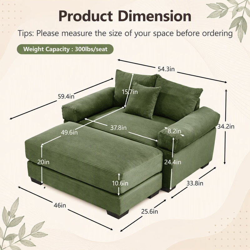 Canapé modulaire surdimensionné 54,3 po Cloud, Green Corduroy