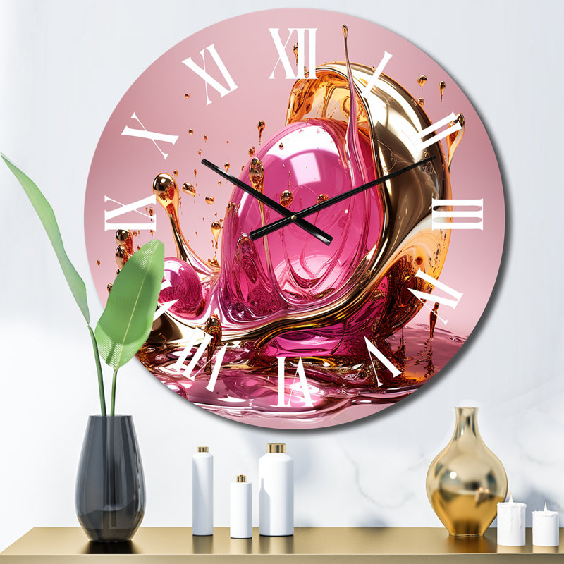 Liquid Art Pink Gold Glam Effervescence - Abstract Wall Clock, Medium