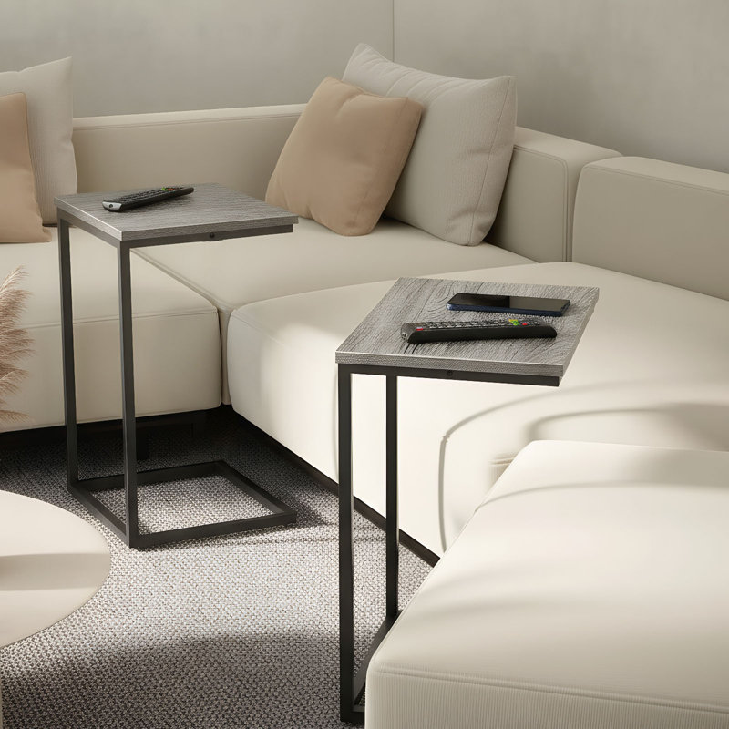 C-Shaped Wood End Tables With Metal Frame, Space-Saving Design (Set Of 2), Grey Top/Black Base