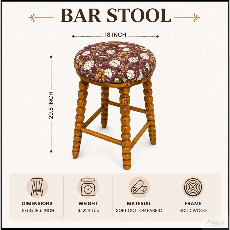 Tabouret de bar rembourré avec structure en bois d'acacia massif Spindle, Motif floral rouge