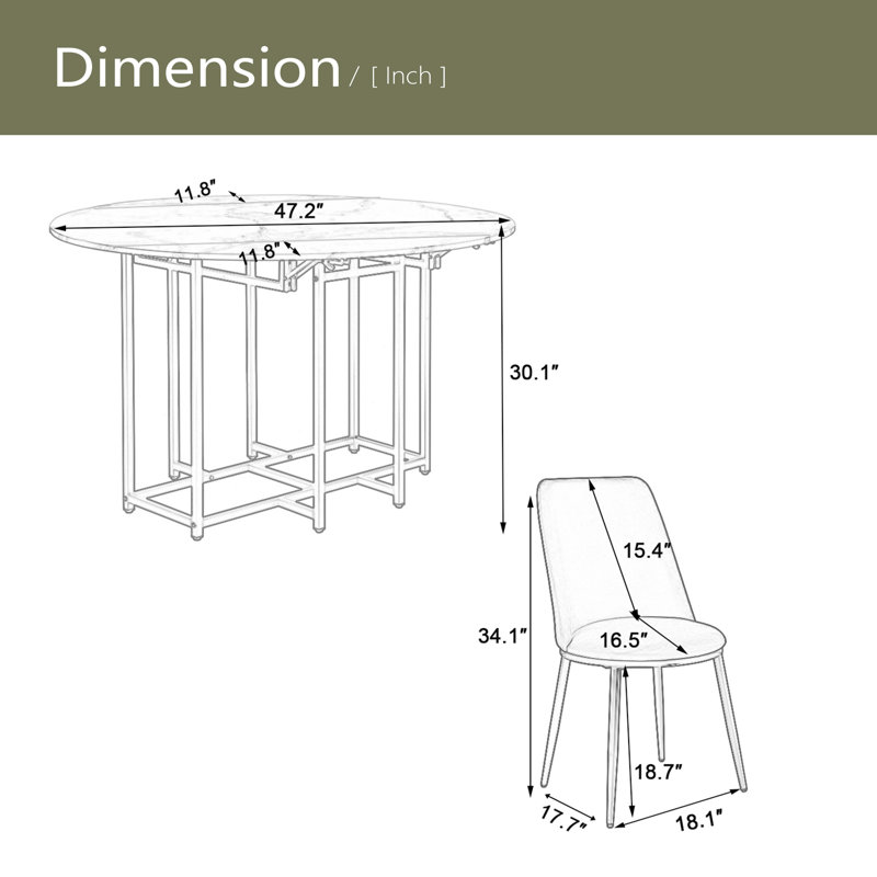 Ensemble de table de salle à manger extensible 5 pièces pour petits espaces - plateau rond en faux marbre, 4 chaises rembourrées, conception pliable compacte