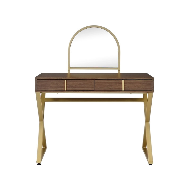 Bureau de coiffeuse en bois avec miroir, Or / noyer