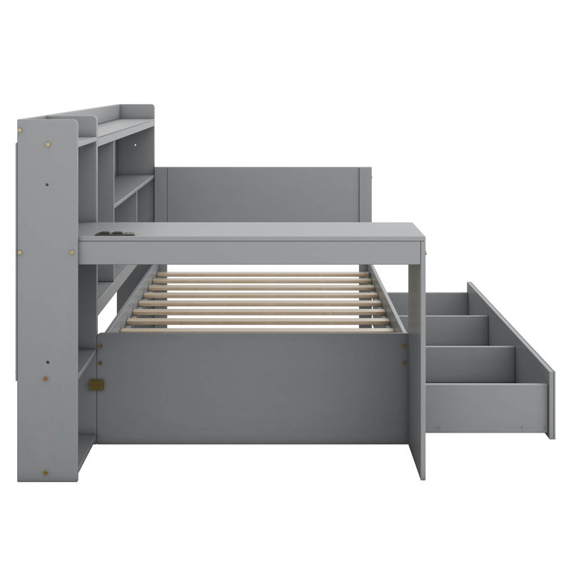 Wooden Daybed With 3 Drawers, USB Ports And Desk, Gray, Twin
