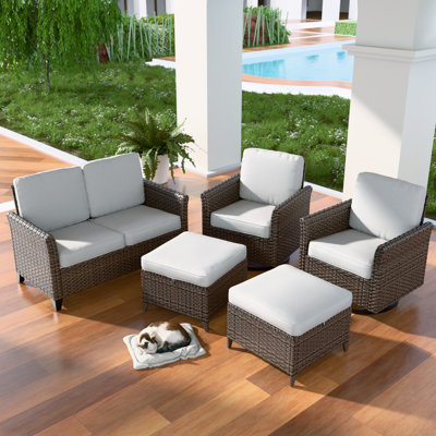 5-Piece Spacious Seating Swivel Chair Seating Group Patio Multi-brown Wicker Rattan Loveseat Sofa Set with Cushions