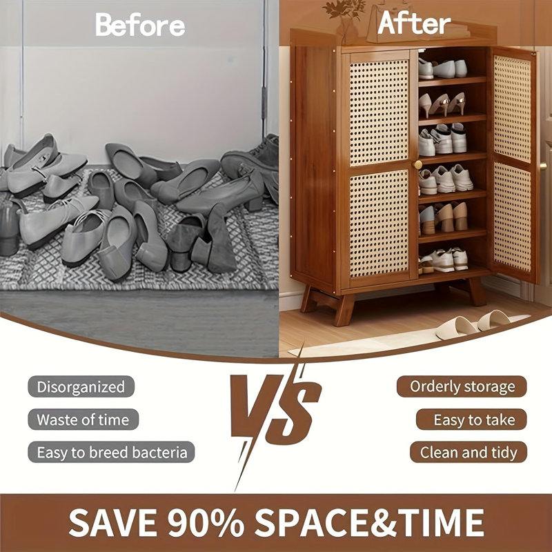 Bamboo Shoe Cabinet, 2-Door Entrance Shoe Cabinet, 7-Layer Standing Shoe Storage Box, Adjustable Shelf, Retro Shoe Cabinet Shoe Shelf Multi-Layer Household Floorsimple Wardrobe Bedroom Storage Locker