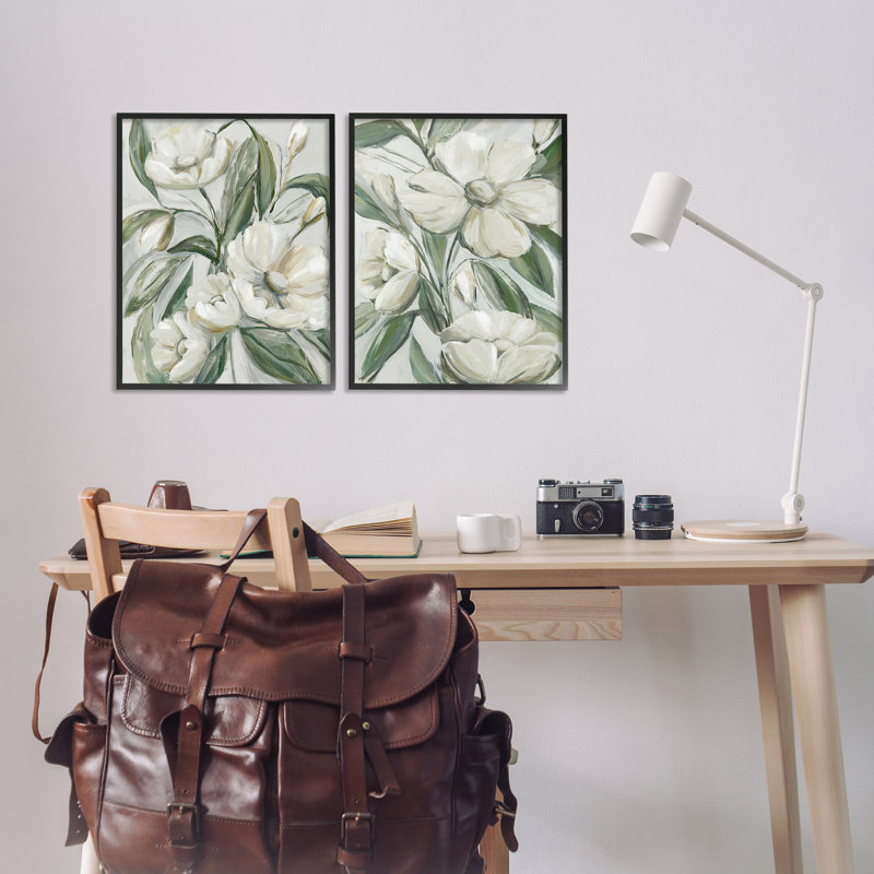  «White Blossoms & Leaves», ensemble de 2 giclées par Hannah Dawson, H 20 po x l 16 po, Giclée encadrée noir minuit