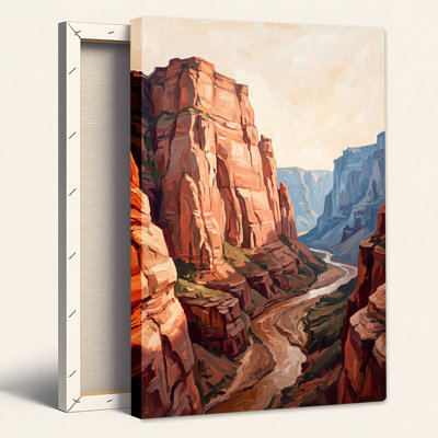 Red Rock Canyon Cliffs And Winding River Painterly Style Canvas Wall Art
