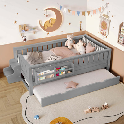 Bed with built-in bookshelves and small staircase, high-quality safety rails, and Trundle