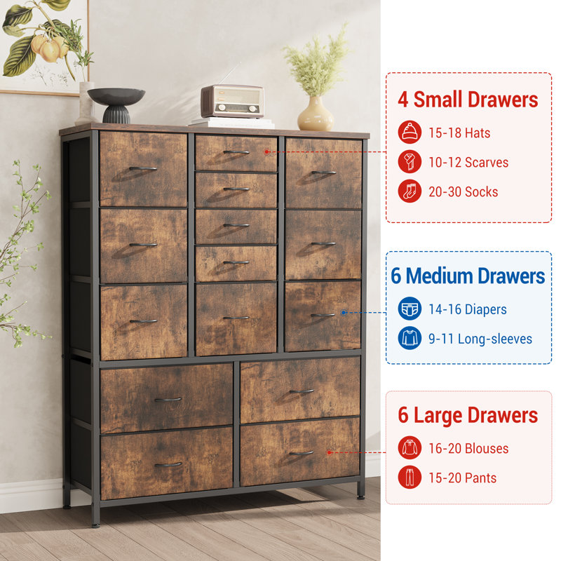 15 Drawer Tall Fabric Dresser Organizer – Large Storage Chest with Sturdy Metal Frame, Wooden Top, Easy-Pull Handles, Modern Rustic Brown Wood Grain Print – Tiger Stripes