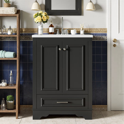 Meuble-lavabo moderne de 24 po avec lavabo en céramique, armoire compacte à 2 portes avec 1 tiroir et poignées argentées, structure en bois d'hévéa, capacité de 300 lb, ensemble central de 4 po, taille de la salle d'eau