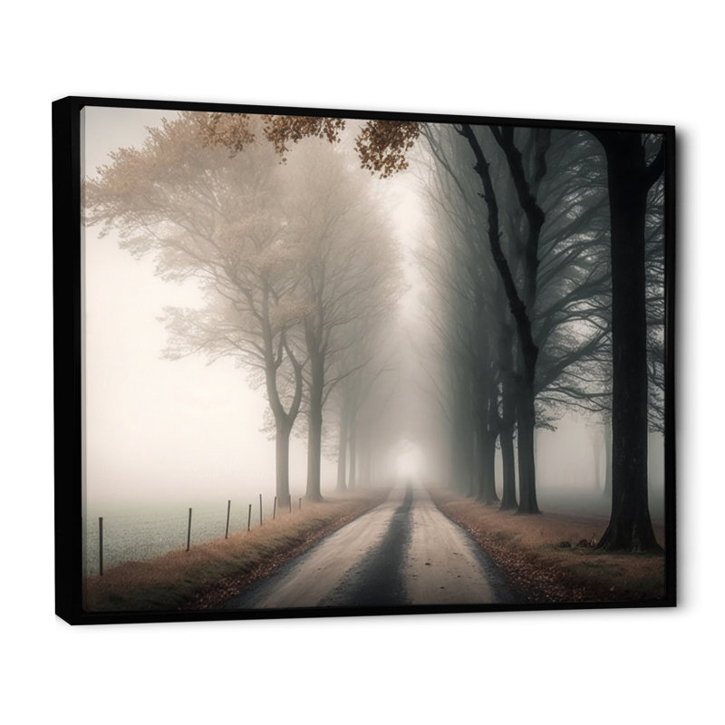 Art sur toile, "Misty Road Through The Forest II", H 24 po x l 32 po x P 1 po, Cadre flottant noir