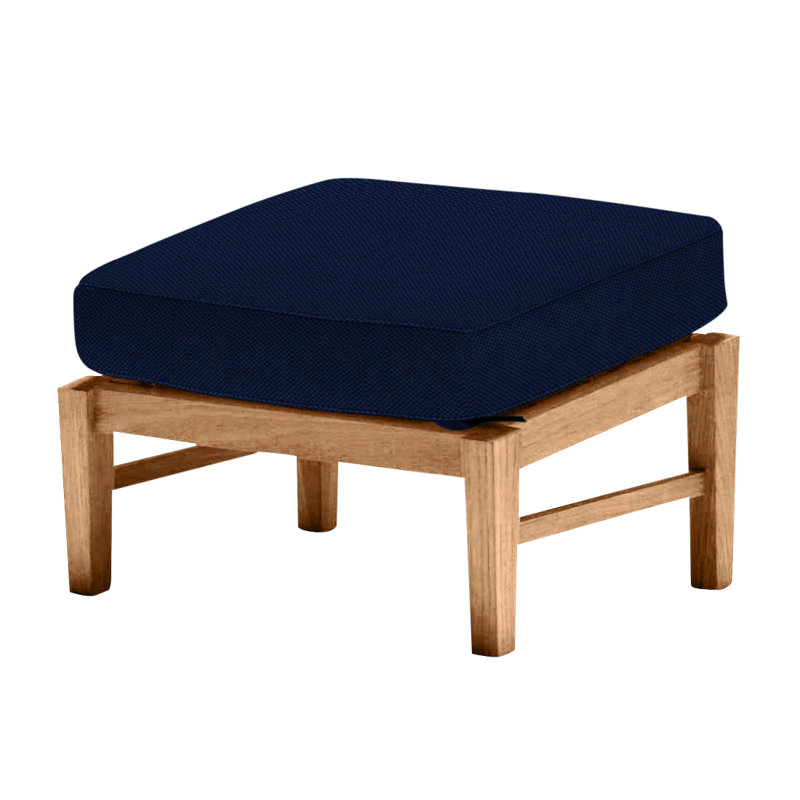 Croquet Outdoor Teak Ottoman with Cushion, Natural Teak, Welt, Indigo Velvet