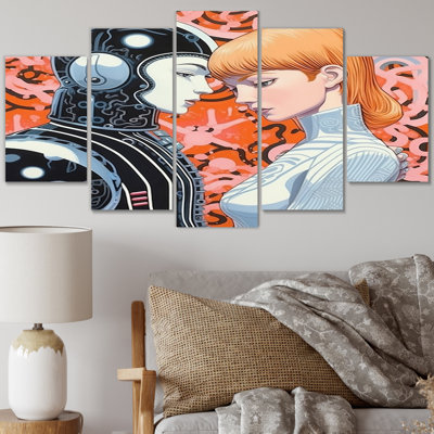 Hot Robots In Love Retro Illustration I - Robot Canvas Print - 5 Panels