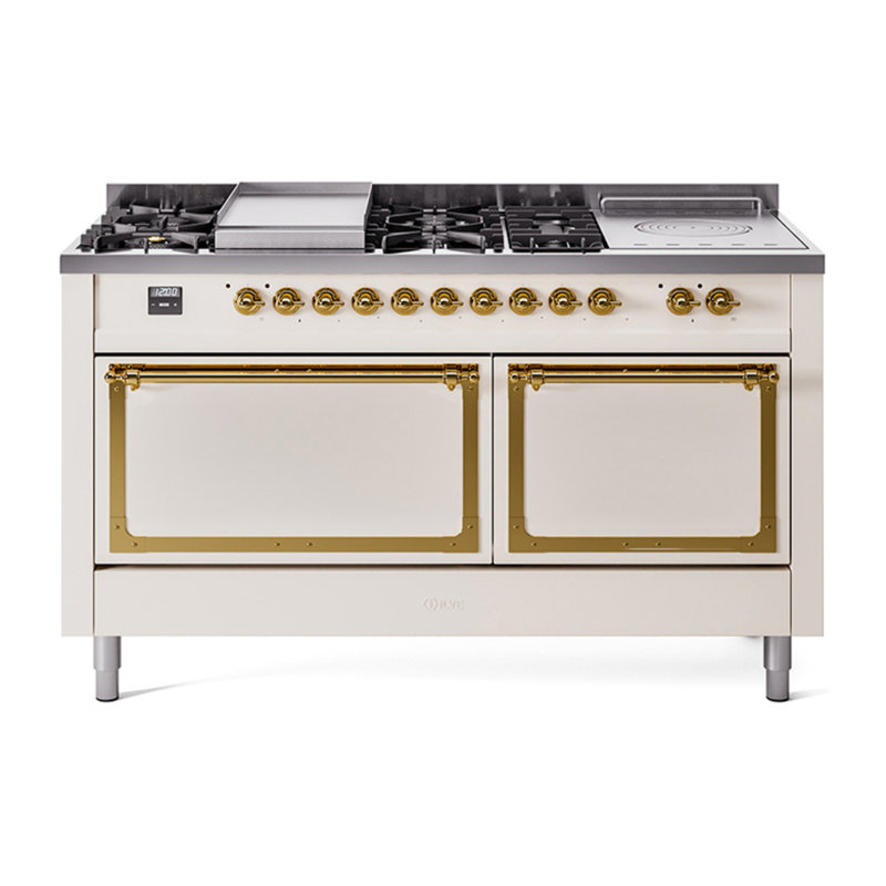 ILVE Nostalgie II Noblesse 60 in Dual Fuel Range 7 Burner, Griddle, Frenchtop, Liquid Propane, Antique White/Brass