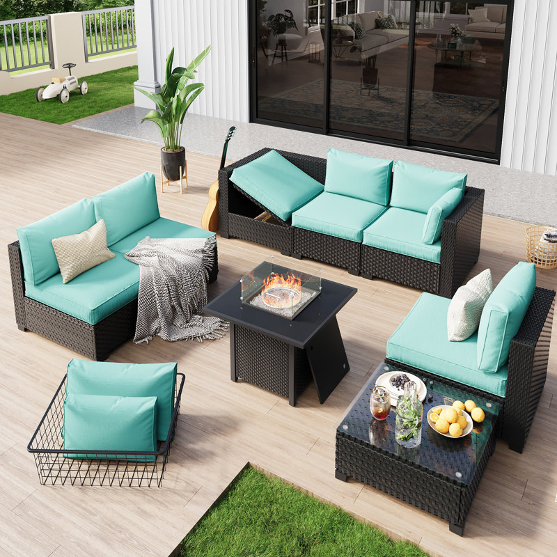 Fully Assembled Chairs, 6-Person Patio Conversation Set Black Chaise Lounge Modular Seating Outdoor Furniture With Fire Pit