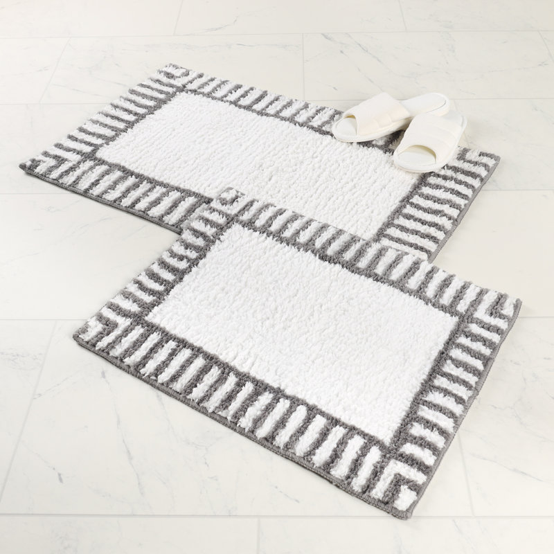 Inaya Modern Striped Plush Tufted Shag Machine Washable 2 Piece Bathroom Rug Set, White/Gray, LARGE- 2 Piece Set