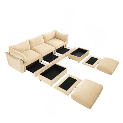U Shape 3 Seater Deep Seat Sofa Couch With Ottomans,3-Seat Sofa With With 2 Movable Ottomans,Crescent-Shaped Armrests And Wraparound Back & Armrest Cushions, Oversized Modular Sectional Sofa With Stor