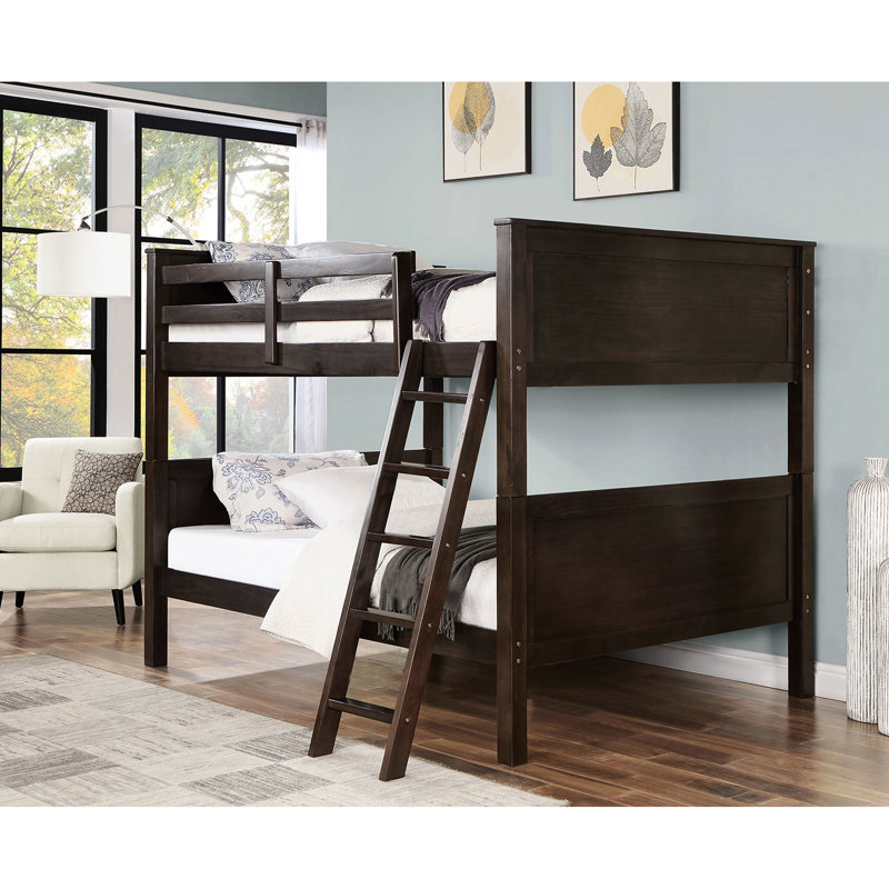 Lit double superposé au-dessus avec esthétique transitionnelle, bois massif, couleur noyer, avec et garde-corps, adaptable à 2 lits pour un lit de style moderne, conception adaptée
