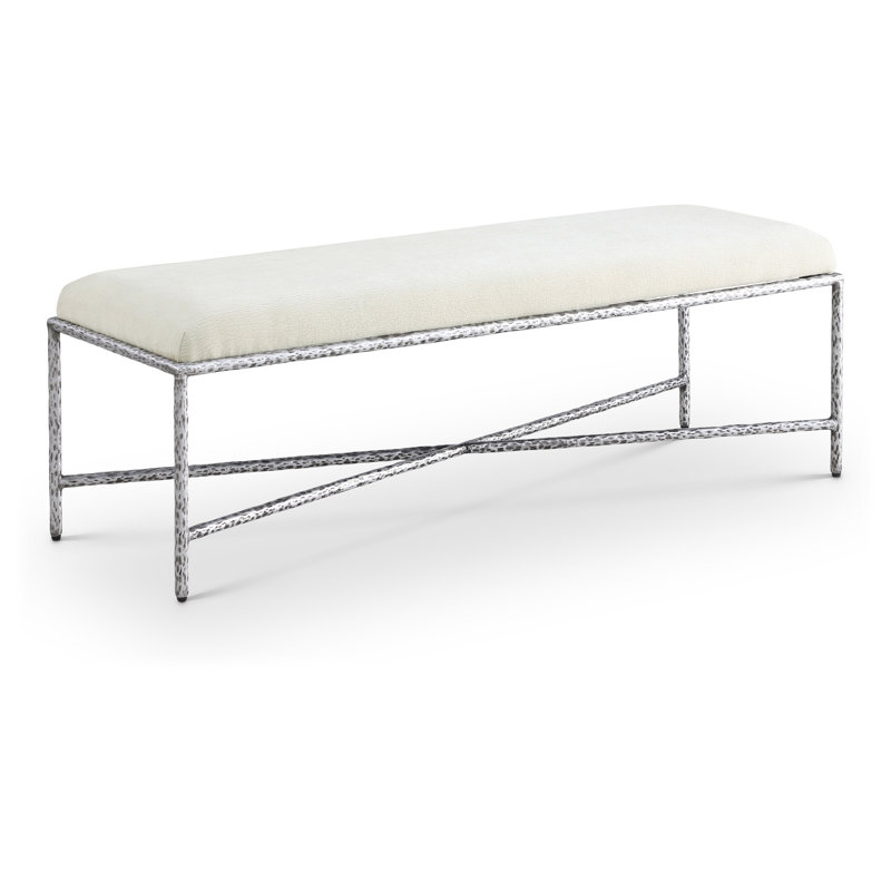 Iyania Chenille Fabric Bench, Cream Chenille Fabric, Silver