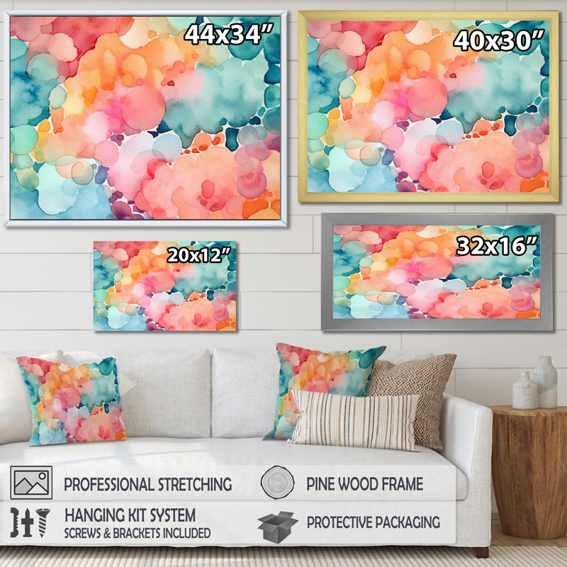 Impression sur toile abstraite rose et bleu sarcelle, Cadre flottant noir, H 12 po x l 20 po x P 1 po
