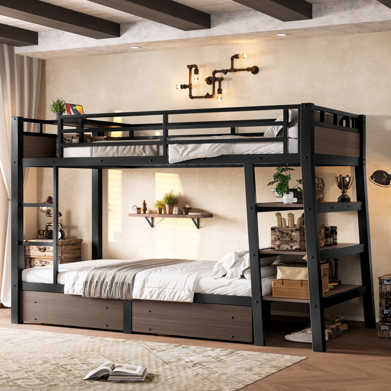 Twin Size Metal Bunk Bed with Storage Shelves, Drawers and USB Charging Ports, Black, Space-Saving Frame, Twin Over Twin